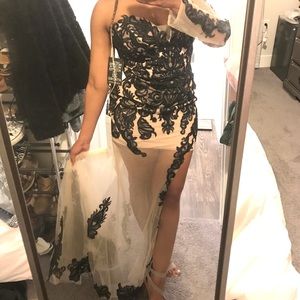 Portia and Scarlett black/nude mesh gown